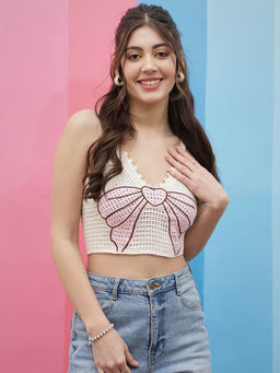 AAREIN - Women White Sleeveless Self Design Casual Crop Top