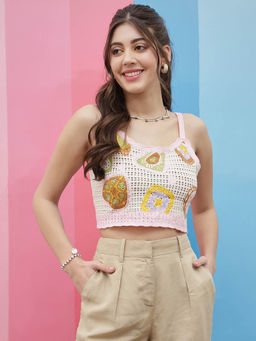 AAREIN - Women Pink Sleeveless Self Design Crop Top