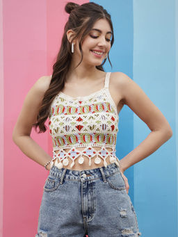 AAREIN - Women Multi-Color Sleeveless Self Design Crop Top