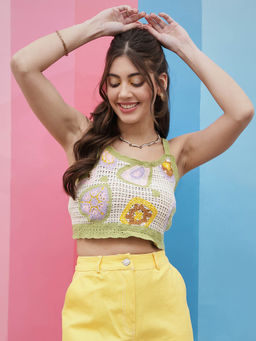 AAREIN - Women Green Sleeveless Self Design Crop Top