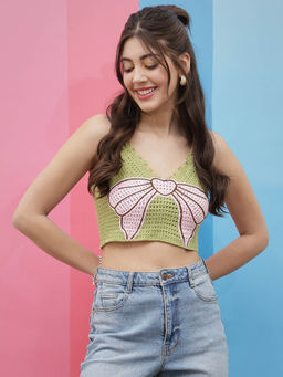 AAREIN - Women Green Sleeveless Self Design Crop Top