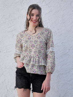 AAREIN - Women Green V-Neck Floral Printed Casual Top