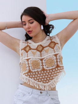 AAREIN - Women Brown Round Neck Sleeveless Self Design Crop Top