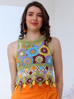 AAREIN - Women Multi-Color Sleeveless Self Design Crop Top