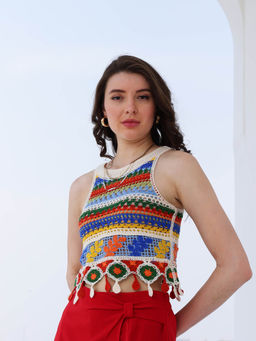 AAREIN - Women Multi-Color Sleeveless Self Design Crop Top