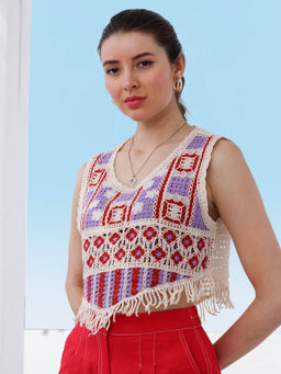 AAREIN - Women Lavender Sleeveless Self Design Crop Top