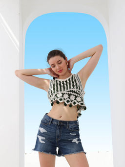 AAREIN - Women Green Round Neck Sleeveless Self Design Crop Top