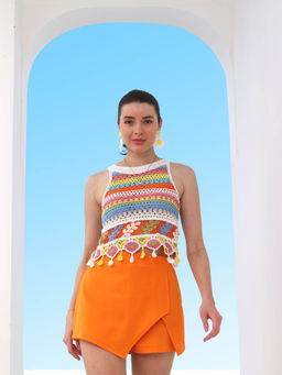 AAREIN - Women Multi-Color Sleeveless Self Design Crop Top