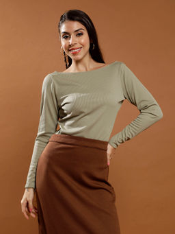 AAREIN - Women Green Boat Neck Long Sleeves Solid Casual Regular Top