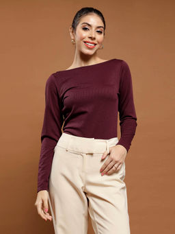 AAREIN - Women Burgundy Boat Neck Long Sleeves Solid Casual Regular Top
