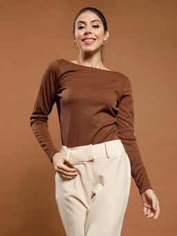 AAREIN - Women Brown Boat Neck Long Sleeves Solid Casual Regular Top