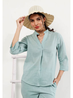 AAREIN - Women Blue Mandarin Collar Solid Casual High-Low Top