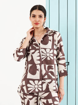 AAREIN - Women Brown Three-Quarter Sleeves Floral Printed Shirt