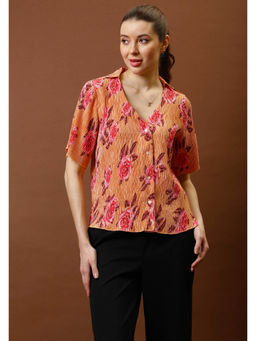 AAREIN - Women Orange Short Sleeves Floral Printed Shirt