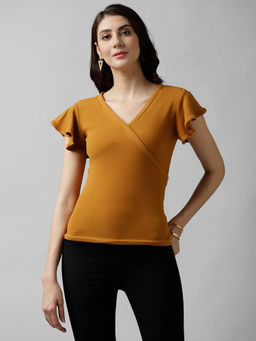 AAREIN - Women Mustard V-Neck Short Sleeves Solid Casual Top