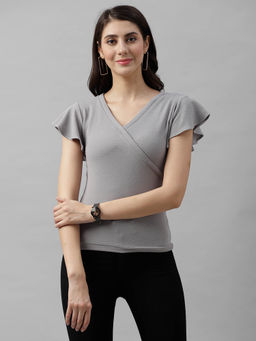 AAREIN - Women Grey V-Neck Short Sleeves Solid Casual Top