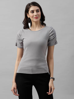 AAREIN - Women Grey Short Sleeves Solid Casual Top