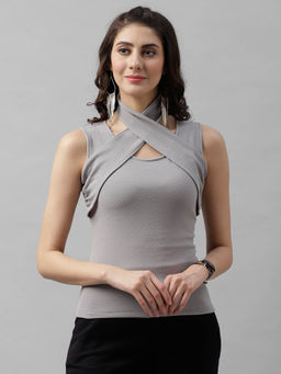 AAREIN - Women Grey Solid Halter Neck Sleeveless Top