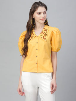 AAREIN - Women Yellow Collar Short Sleeves Embroidered Casual Shirt