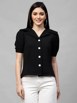 AAREIN - Women Black Collar Solid Puff Sleeves Casual Shirt