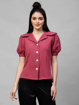 AAREIN - Women Mauve Collar Solid Puff Sleeves Casual Shirt