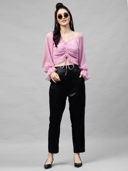 AAREIN - Women Lavender Sweetheart Neck Long Sleeves Crop Top