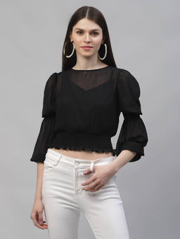 AAREIN - Women Black Round Neck Long Sleeves Solid Crop Top