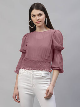 AAREIN - Women Mauve Round Neck Long Sleeves Solid Crop Top