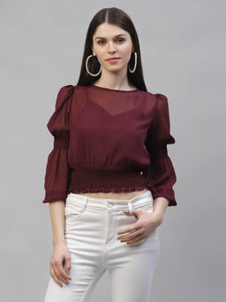 AAREIN - Women Burgundy Round Neck Long Sleeves Solid Crop Top