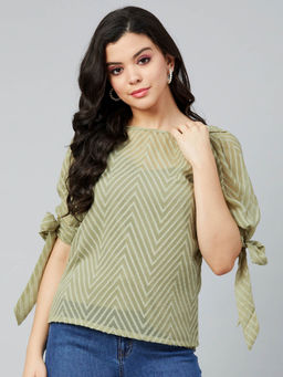 AAREIN - Women Olive Boat Neck Self Design Casual Regular Top