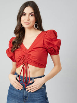 AAREIN - Women Red V-Neck Solid Puff Sleeves Crop Top