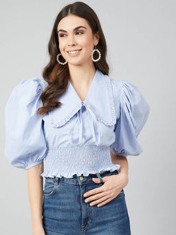 AAREIN - Women Blue Collar Puff Sleeves Solid Top