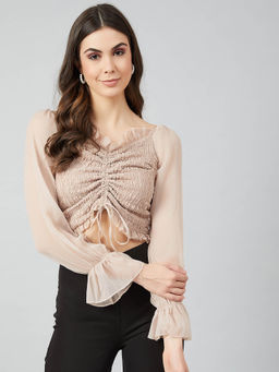 AAREIN - Women Beige Sweetheart Neck Long Sleeves Crop Top