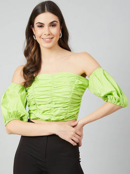 AAREIN - Women Fluorescent Green Off-Shoulder Ruched Crop Top