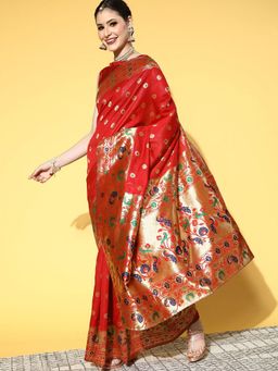 Odette - Silk Blend Red Woven Design Saree with Unstitched Blouse