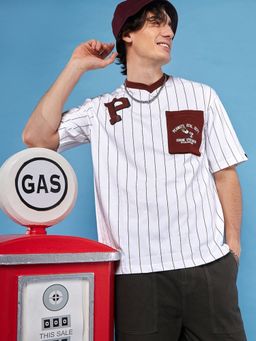 Bewakoof - Official Peanuts Men's White & Red Striped Oversized T-shirt