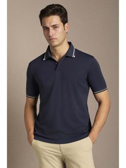 Louis Philippe - Navy Blue Solid Plain Collar Neck Polo T-Shirt