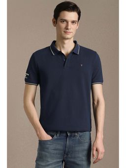 Louis Philippe - Navy Blue Solid Plain Collar Neck Polo T-Shirt