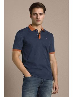 Louis Philippe - Navy Blue Textured Collar Neck Polo T-Shirt