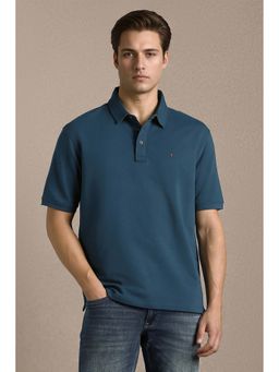 Louis Philippe - Blue Solid Plain Collar Neck Polo T-Shirt