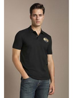 Louis Philippe - Black Solid Plain Collar Neck Polo T-Shirt
