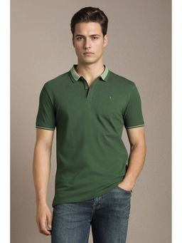 Louis Philippe - Green Solid Plain Collar Neck Polo T-Shirt