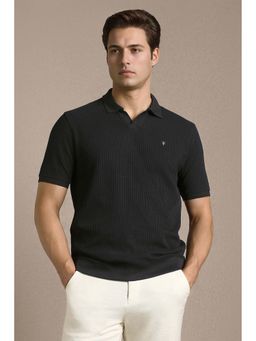 Louis Philippe - Black Textured Collar Neck Polo T-Shirt