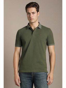 Louis Philippe - Olive Textured Collar Neck Polo T-Shirt