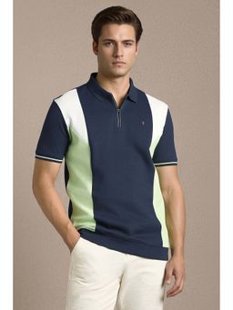 Louis Philippe - Navy Blue Colorblock Collar Neck Polo T-Shirt