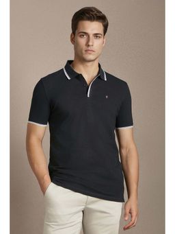 Louis Philippe - Black Solid Plain Collar Neck Polo T-Shirt