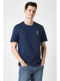 Peter England - Navy Blue Solid Plain Crew Neck T-Shirt