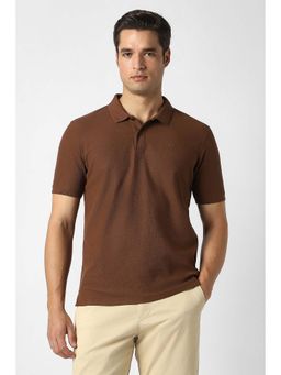 Peter England - Brown Textured Collar Neck Polo T-Shirt