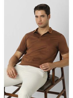 Peter England - Brown Solid Plain Collar Neck Polo T-Shirt