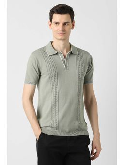 Peter England - Green Textured Collar Neck Polo T-Shirt
